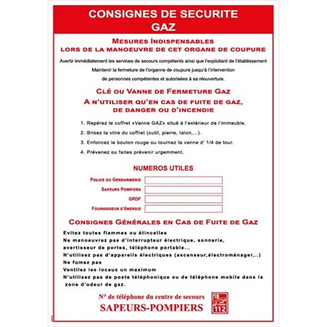 Consignes de sécurité gaz - PVC A4