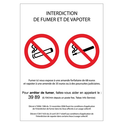 Sticker "interdiction de vapoter et de fumer" Format 120 X 90 mm